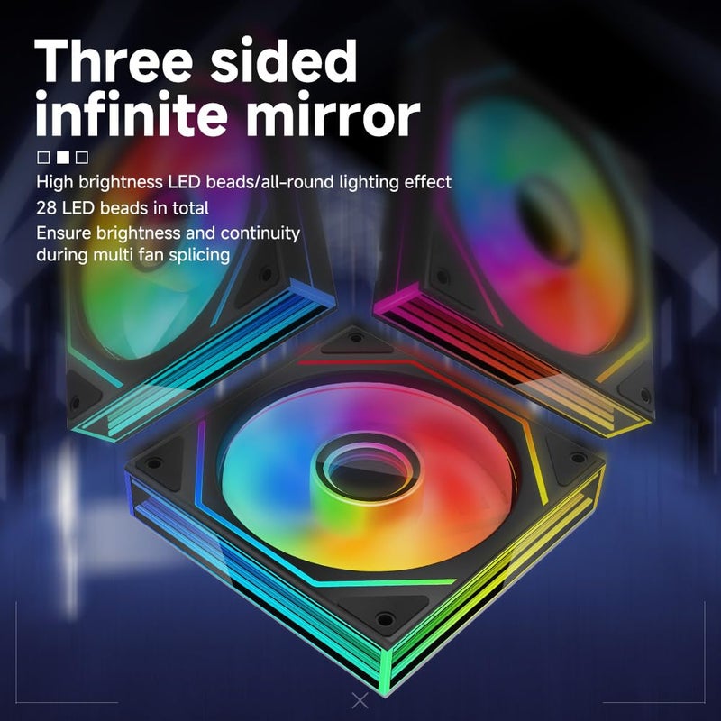 Jungle Leopard Prism6 MAX 120mm ARGB PC Case Fan - 3-Sided Infinite Mirror & Axis Infinite Mirror Light Effect，800-1850±10% RPM 120mm PWM Case Fan(Black Forward) - Image 3
